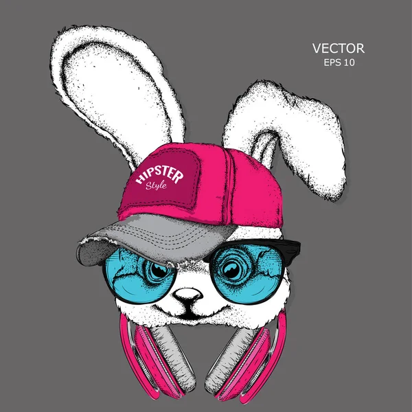 Image Rabbit Glasses Headphones Hip Hop Hat Vector Illustration — Stock Vector