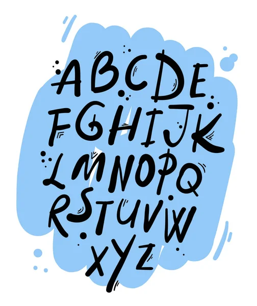 Ręcznie rysowana czcionka kaligraficzna. Wektor łaciński rustykalny alfabet malowany pędzlem na niebiesko. Kreskówki doodle kropki i paski do projektowania pisma, plakat — Wektor stockowy