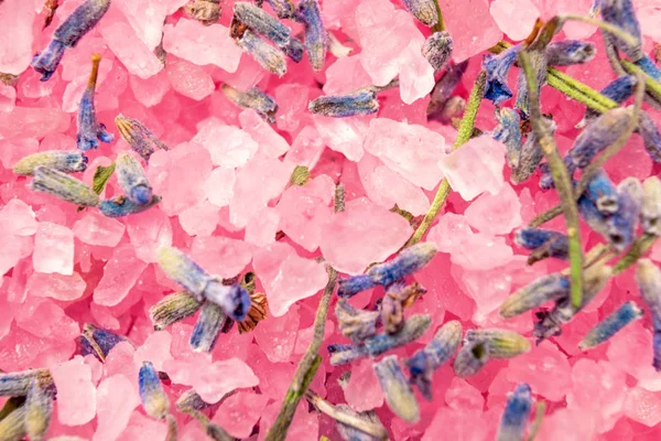 Natural lavender pink sea salt macro texture background. Organic spa dry flowers herb craft cosmetic — Φωτογραφία Αρχείου