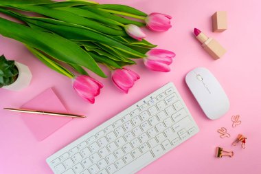 Pembe arka planda kadınlar çalışıyor. Uzaktan kumandalı ofis, karantina. Kadın Serbest Çalışan
