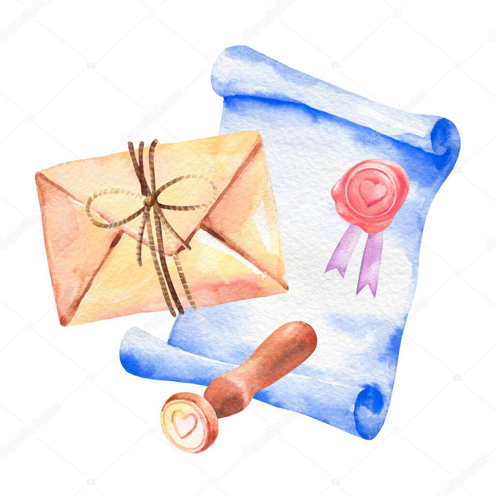 Watercolor isolated set elements. Letter, envelope, stamp, robe, paper. Cute hand drawn clipart.