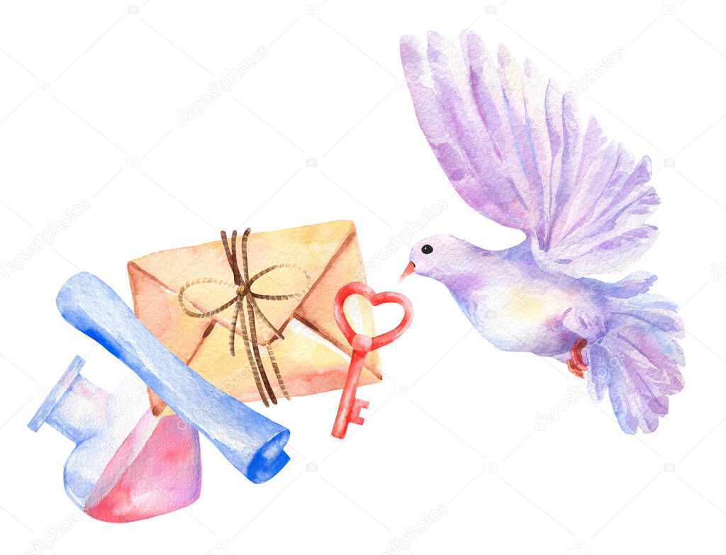 Watercolor isolated set love elements. Letter, envelope, robe, key, bottle, paper, dove bird flying. Valentines day symbol