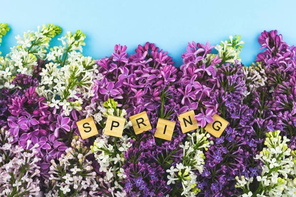 Fliederblume Blühen Hintergrund Frühling Hölzerne Lettern Text Natur Dekorative Buchstabenkomposition — Stockfoto