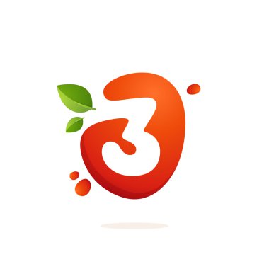 Taze meyve suyu sıçrama yeşil yaprakları ile üç numaralı logo.