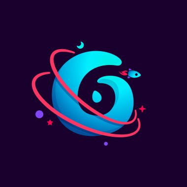Gezegen, roka ve yörüngeler çizgilerle altı numara logo. 6 kutsal kişilerin resmi.