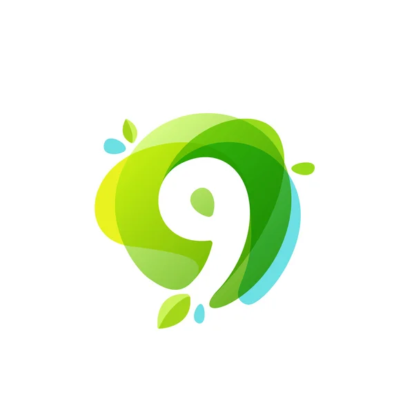 Numer dziewięć logo w tle zielony akwarela splash. ikona. — Wektor stockowy