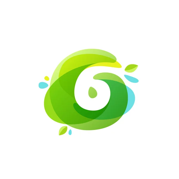 Nummer zes logo bij groene aquarel splash achtergrond. 6 pictogram. — Stockvector