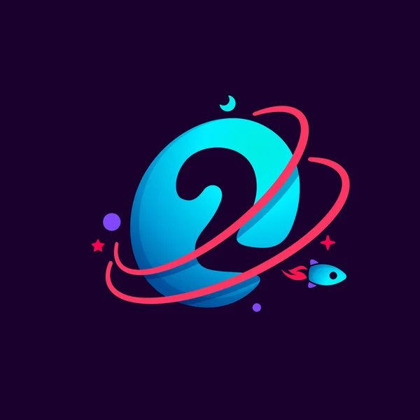 Number two logo with planet, rocket and orbits lines. 2 icon. — Stock Vector