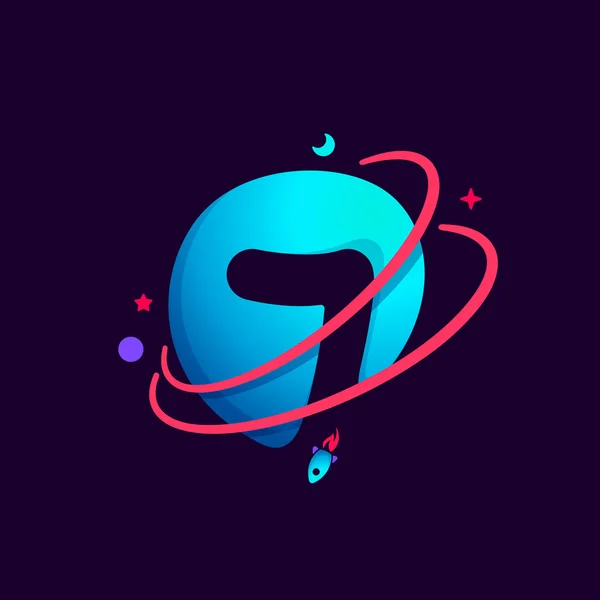 Logotipo número siete con líneas de planeta, cohetes y órbitas. 7 icono . — Vector de stock