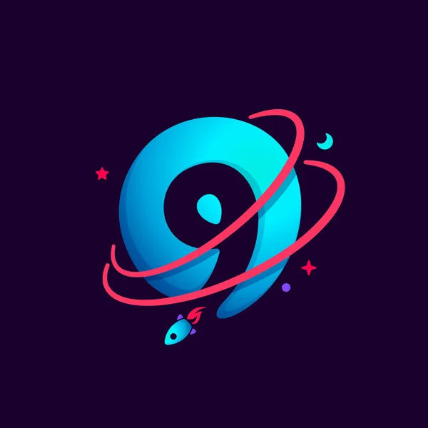 Logotipo número nueve con líneas de planeta, cohetes y órbitas. 9 icono . — Vector de stock