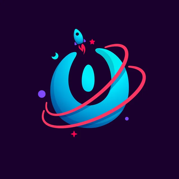 Número zero logotipo com planeta, foguetes e órbitas linhas. 0 ícone . — Vetor de Stock