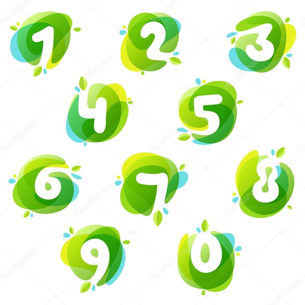 Numbers set logos at green watercolor splash background. 