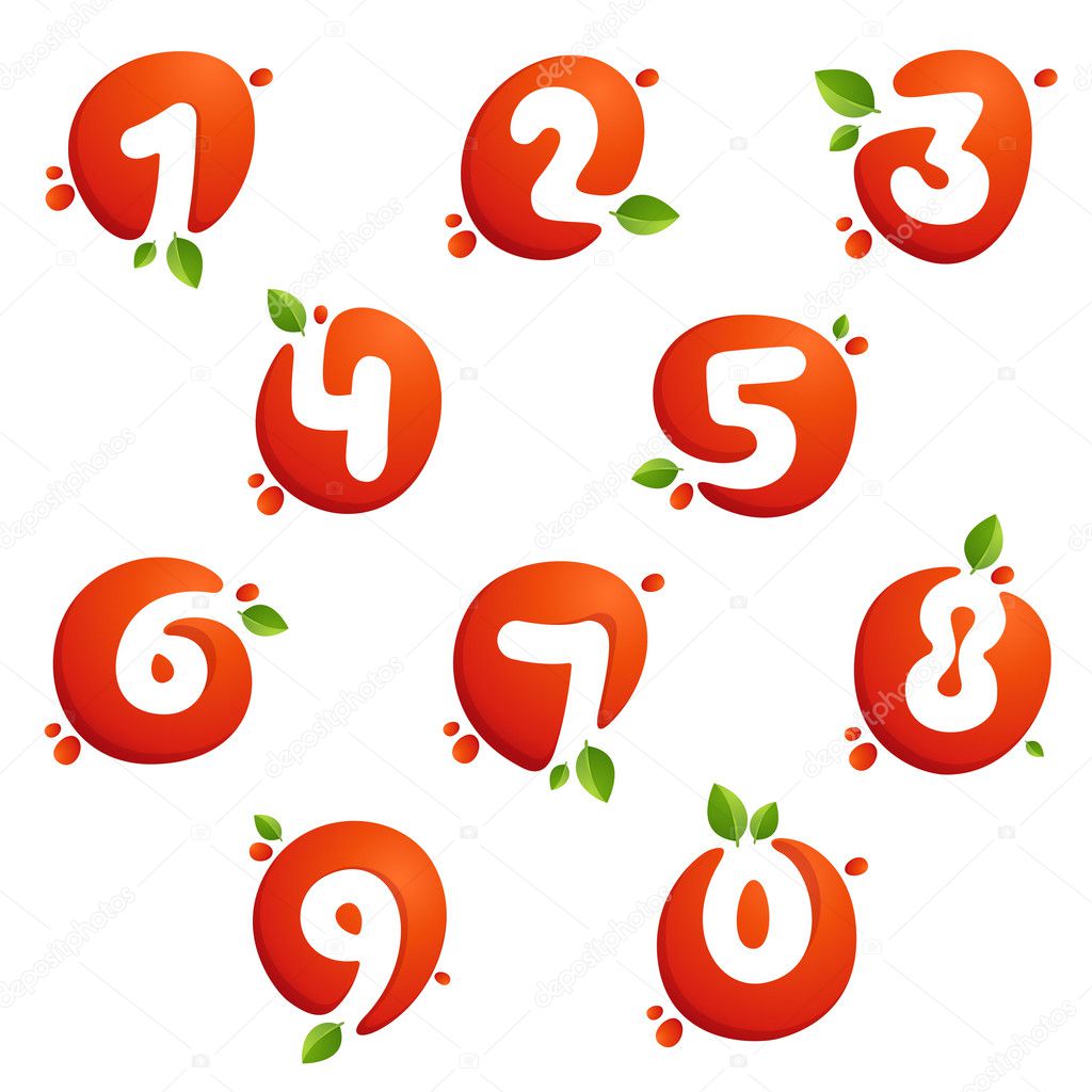 Numbers set logos in fresh juice splash with green leaves.
