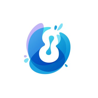 Sekiz numara logosu mavi su sıçrama arka plan. 8 simgesi.