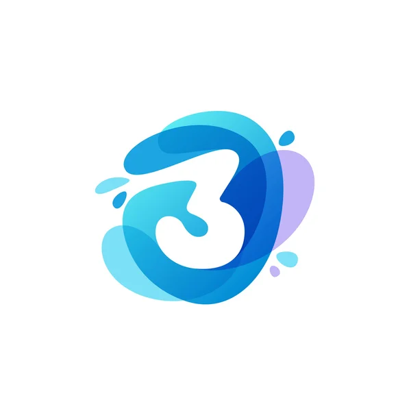 Number three logo at blue water splash background. 3 icon. — Stock Vector