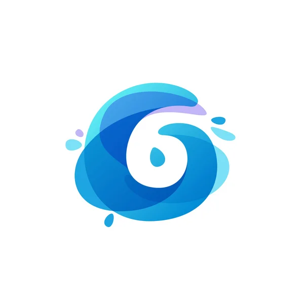 블루 워터 스플래쉬 배경에서 번호 6 로고입니다. 6 아이콘. — 스톡 벡터