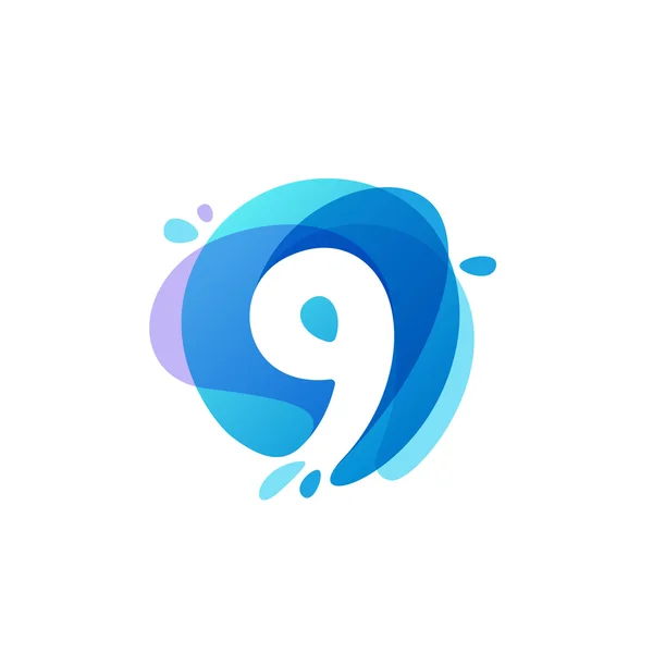 Logotipo número nueve en fondo de salpicadura de agua azul. 9 icono . — Vector de stock