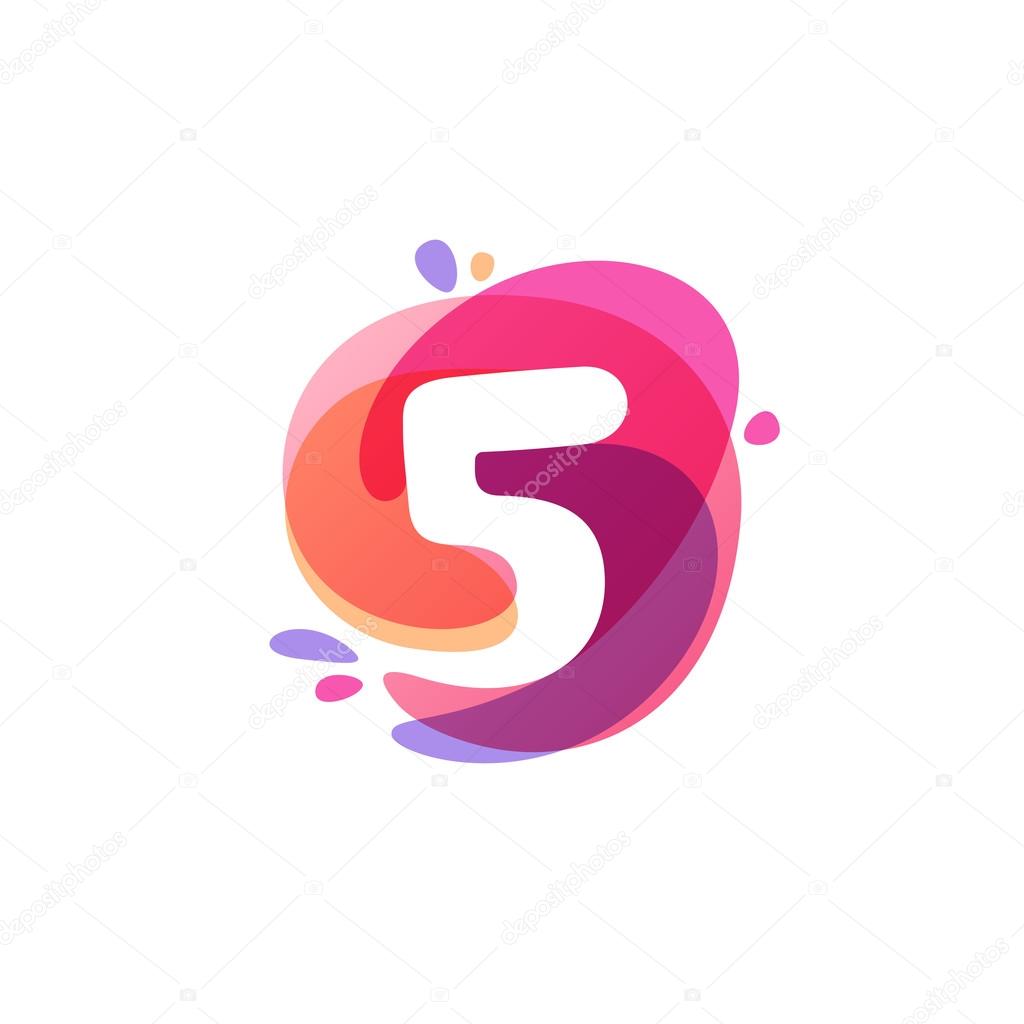 Number five logo at colorful watercolor splash background. icon.