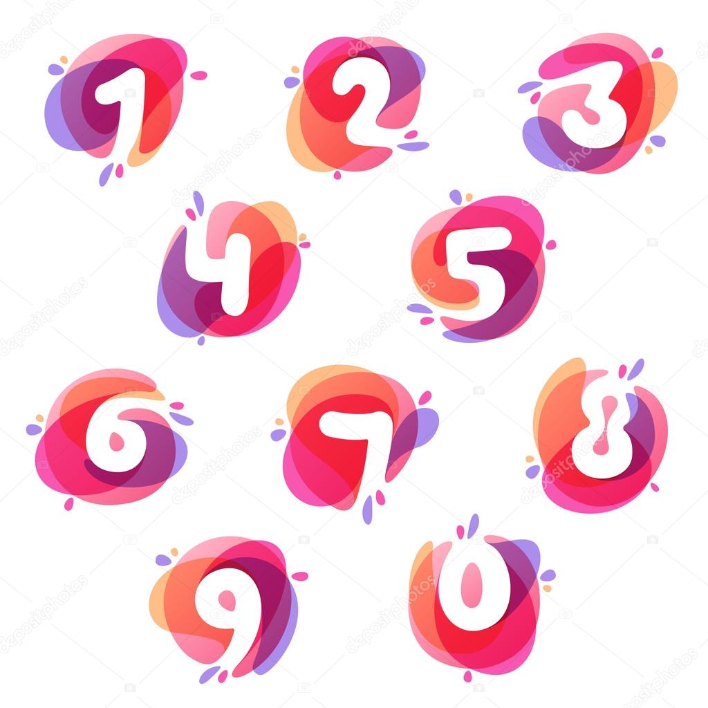 Numbers set logos at colorful watercolor splash background.