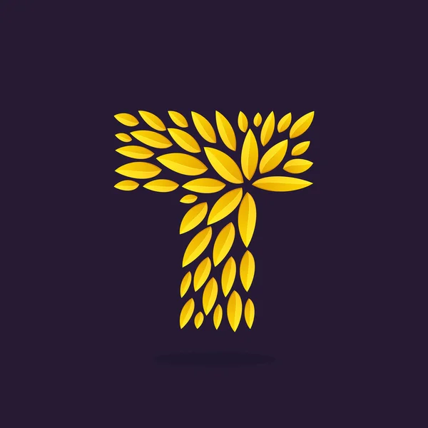 Logotipo de letra T formado por hojas de oro . — Vector de stock