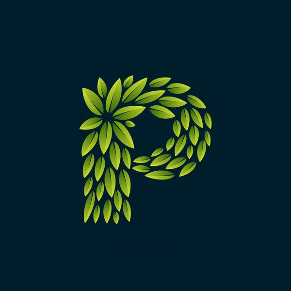 P logo de la letra formado por hojas verdes frescas . — Vector de stock