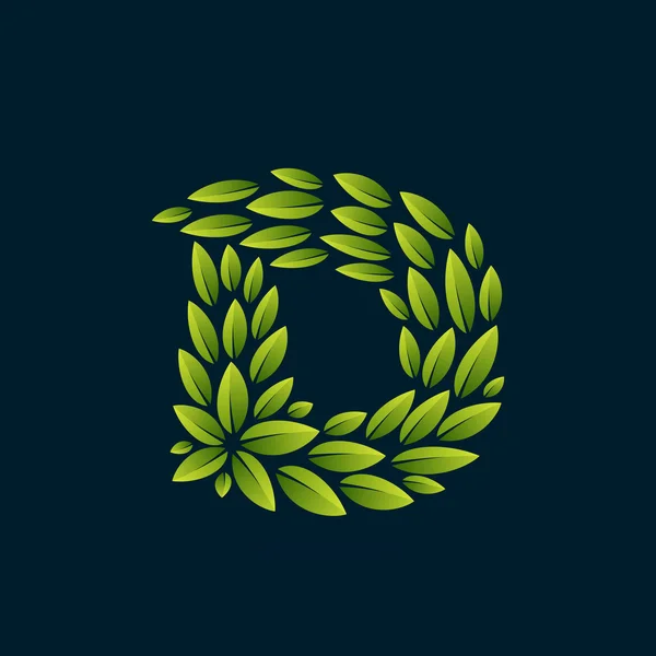 D Buchstabe Logo von frischen grünen Blättern gebildet. — Stockvektor