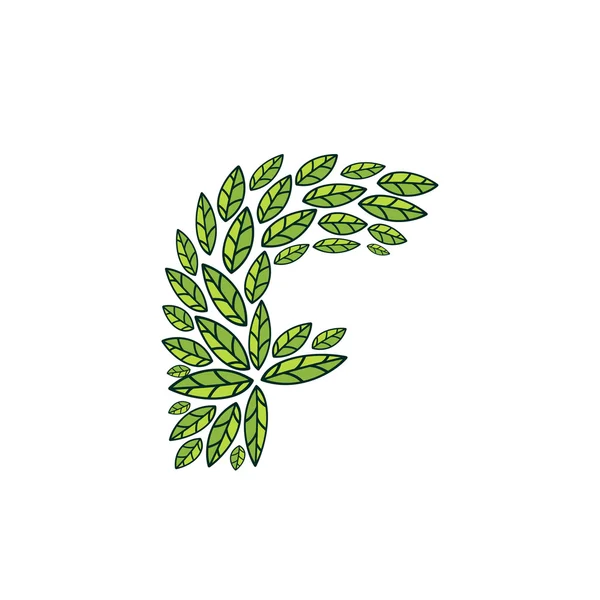 F logotipo de la letra formada por el patrón vintage, hojas de línea verde . — Vector de stock