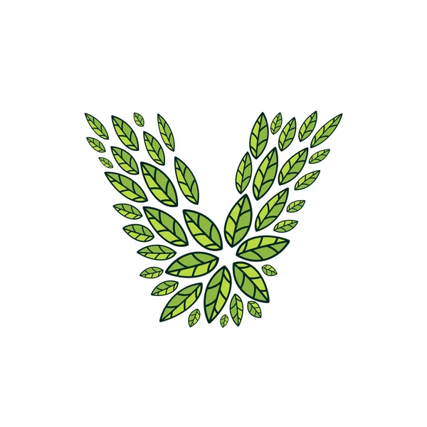 Logotipo de la letra V formado por el patrón vintage, hojas verdes línea . — Vector de stock