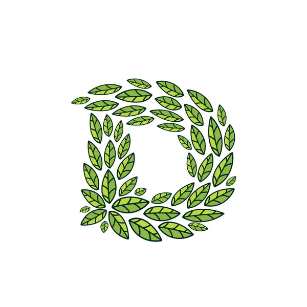 Logotipo de letra D formado por el patrón vintage, hojas verdes de línea . — Vector de stock