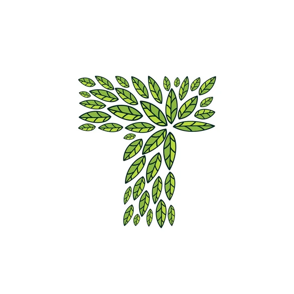Logotipo de letra T formado por el patrón vintage, hojas verdes de línea . — Vector de stock
