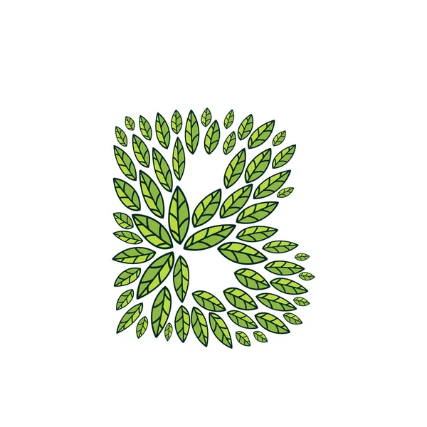 Логотип буквы B, образованный винтажным рисунком, зелеными листочками . — стоковый вектор