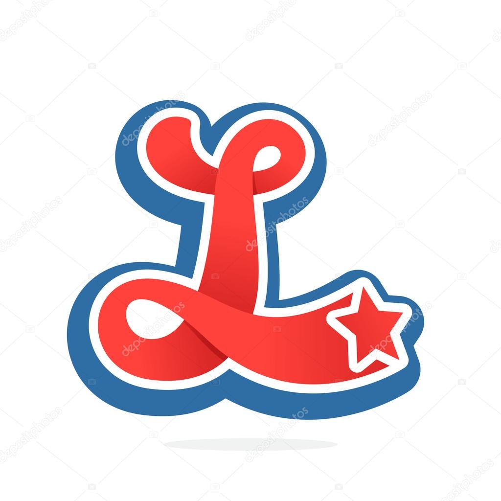 L letter logo with star in vintage baseball style. 
