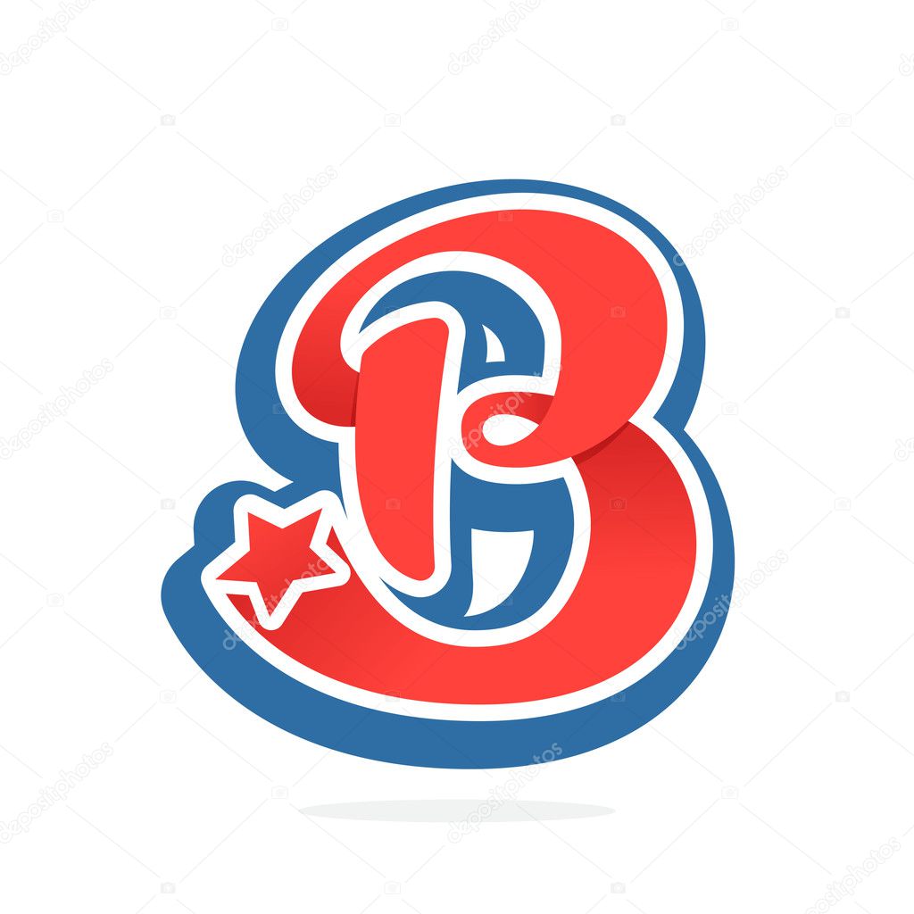 B letter logo with star in vintage baseball style. Stock Vector Image