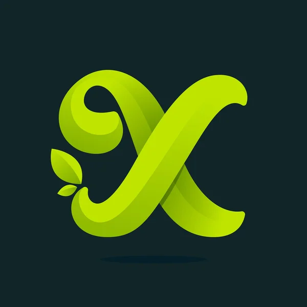 X 字母标志与绿色叶子. — 图库矢量图片