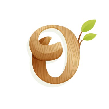 O mektup logo ahşap doku ve yeşil yaprakları ile. 