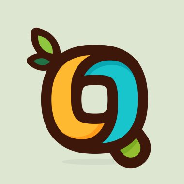 Q harfi düz stil logosu yeşil yaprakları ile.