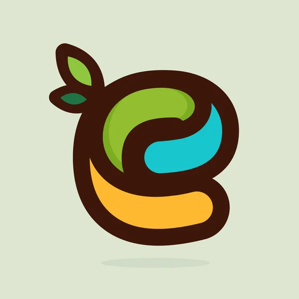 E brief vlakke stijl logo met groene bladeren. — Stockvector