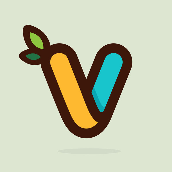 V буква плоский логотип с зелеными листьями
.