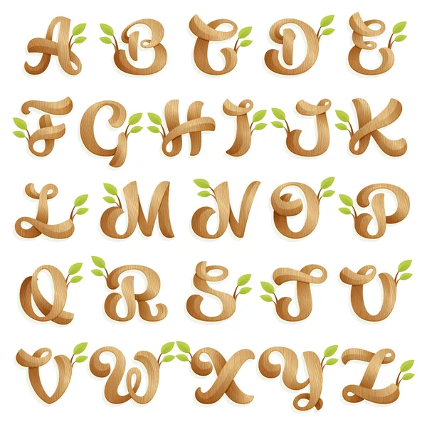 Alphabet-Logos mit Holzstruktur und grünen Blättern. — Stockvektor