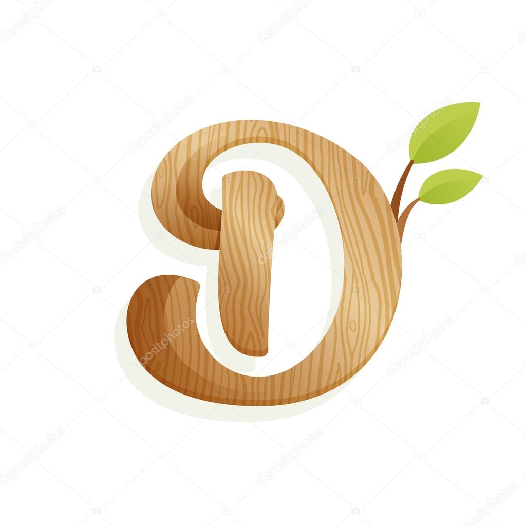 D letter logo with wood texture and green leaves. 