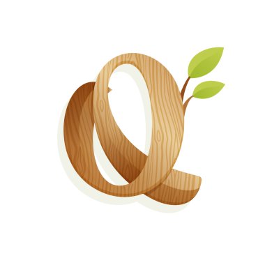 Q ahşap doku ve yeşil yaprakları ile harfi logo. 