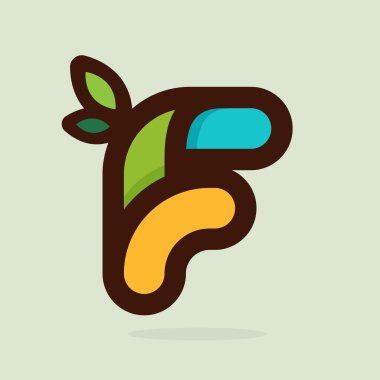 F harfi düz stil logosu yeşil yaprakları ile.