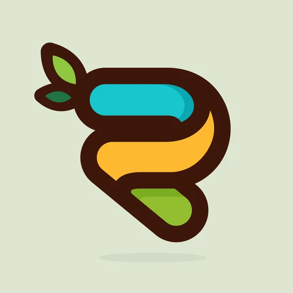 R brief vlakke stijl logo met groene bladeren. — Stockvector
