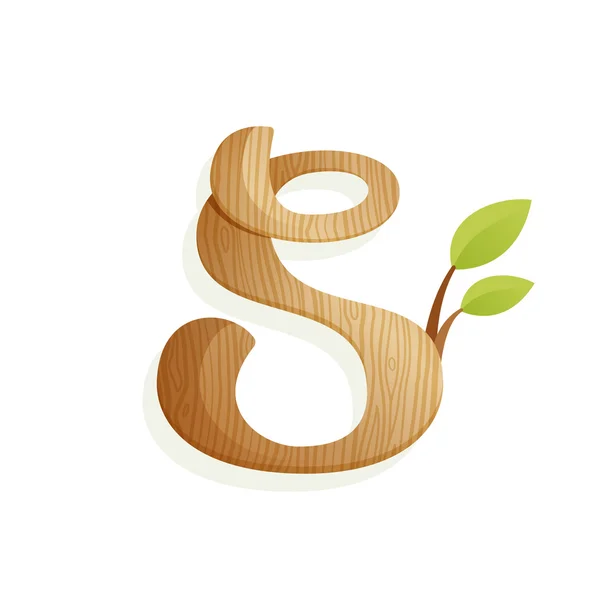 S ตัวอักษรโลโก้ที่มีเนื้อไม้และใบสีเขียว . — ภาพเวกเตอร์สต็อก
