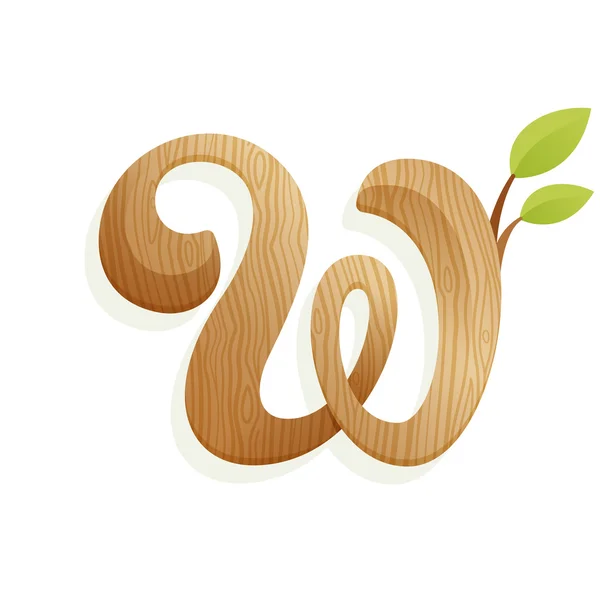 Logotipo da letra W com textura de madeira e folhas verdes . — Vetor de Stock