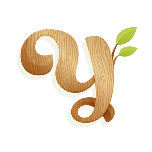 Y Letter Logo mit Holzstruktur und grünen Blättern. — Stockvektor