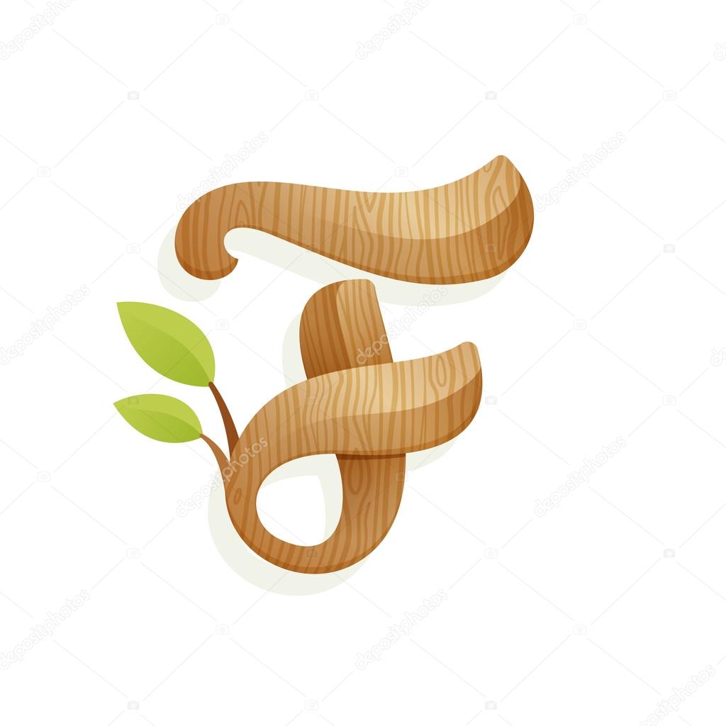 F letter logo with wood texture and green leaves. 