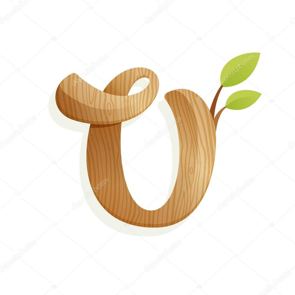 U letter logo with wood texture and green leaves. 