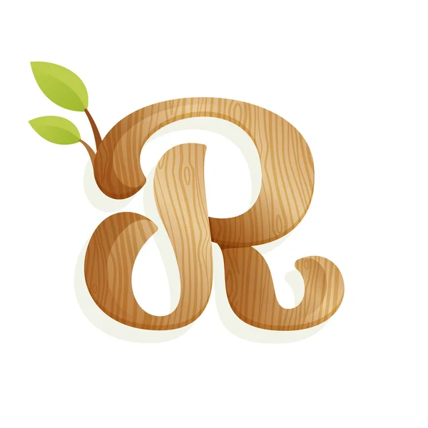 Logotipo de letra R con textura de madera y hojas verdes . — Archivo Imágenes Vectoriales