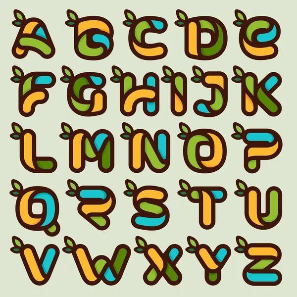 Alfabet vlakke stijl logo's met groene bladeren. — Stockvector